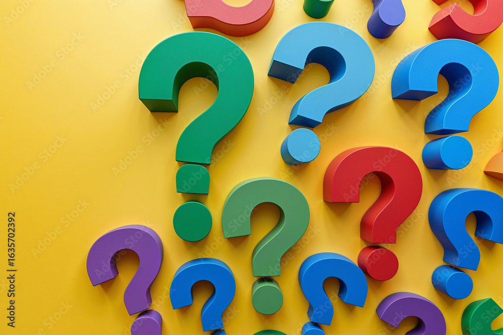Colorful question marks scattered on yellow background punctuation symbols Colorful question marks scattered on yellow background punctuation symbols