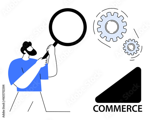 Man holding magnifying glass observing gears representing teamwork and processes, alongside commerce symbol. Ideal for business strategy, market research, problem-solving, innovation, analysis