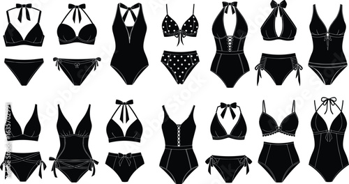 CAD drawing of women’s swimwear, flat vector illustration, bikini designs, one-piece styles, fashion sketch, garment dress, swimsuit template