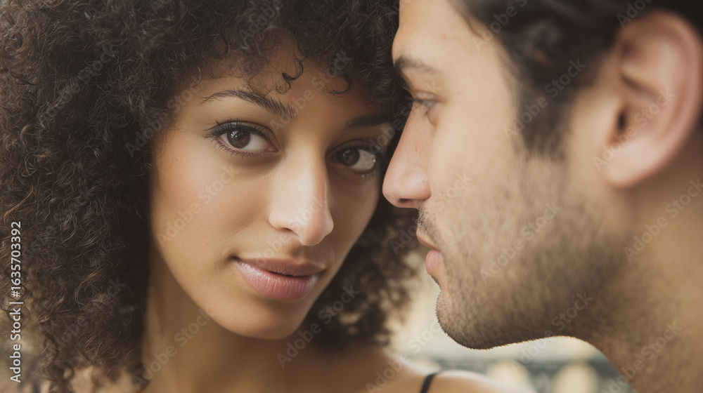 Obraz premium Multiethnic couple sharing a warm moment, natural background blurred with soft side light.