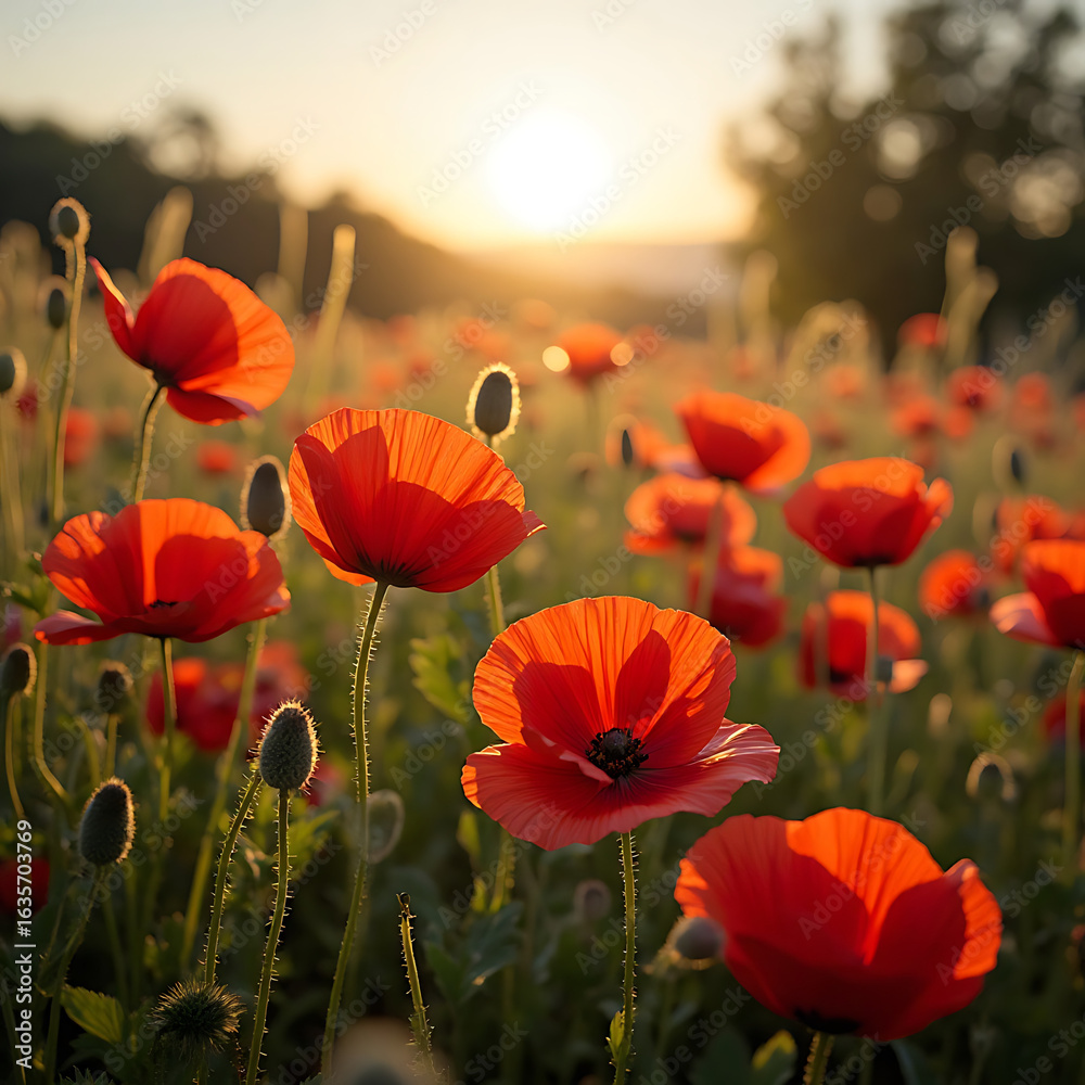 Fototapeta premium Vibrant Red Poppies Blooming in a Field Bathed in Warm Sunset Light at Golden Hour