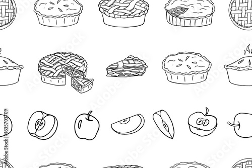 Seamless pattern of of apple pies in different shapes and apples. A piece of apple pie. Apple. Bakery. Sweet food. Hand drawn