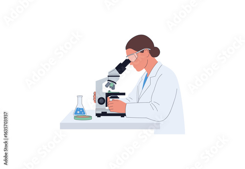 Scientist working with microscope and lab equipment