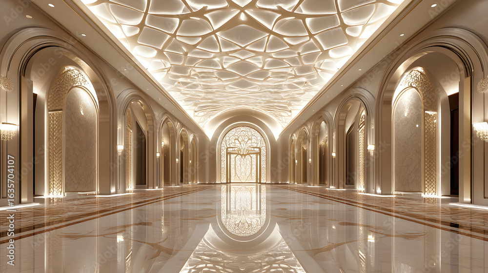 Fototapeta premium Gold and white architectural hallway shimmers with light. Creates a bright, ornate backdrop for event staging, product display, and interior design projects.