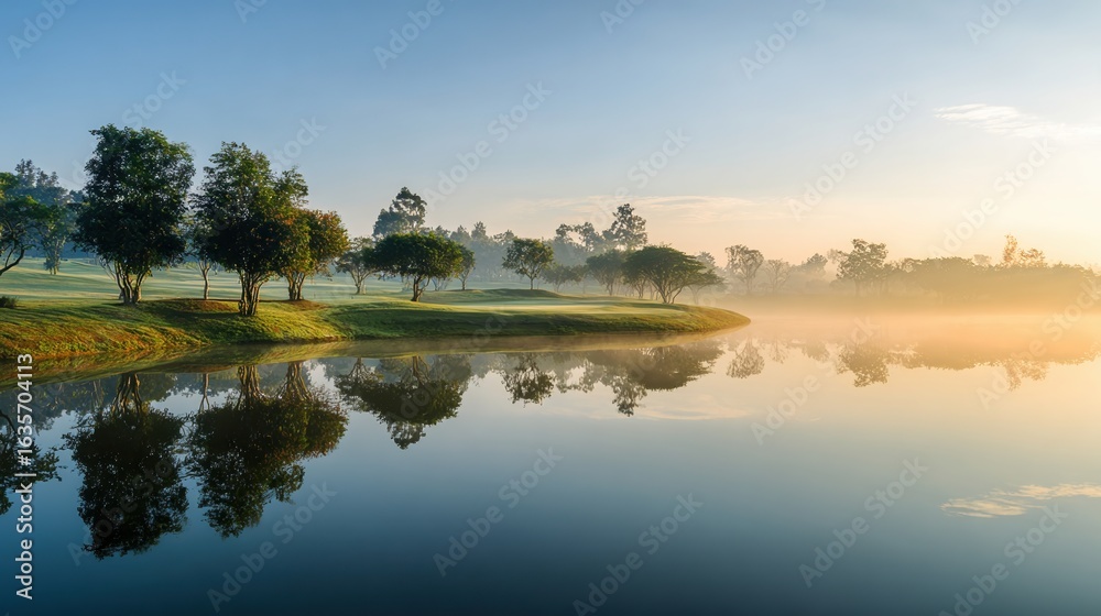 Fototapeta premium Serene Morning Landscape with Mist over Calm Water and Reflections of Trees in a Peaceful Golf Course Setting