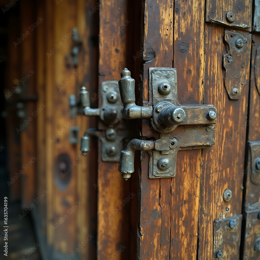 Fototapeta premium Intricate metal latch and hardware on a weathered wooden door close up view