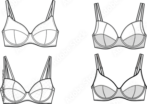 Detailed CAD drawing of bra designs, flat vector illustration, fashion sketch, lingerie template, sewing pattern, garment dress, undergarment blueprint