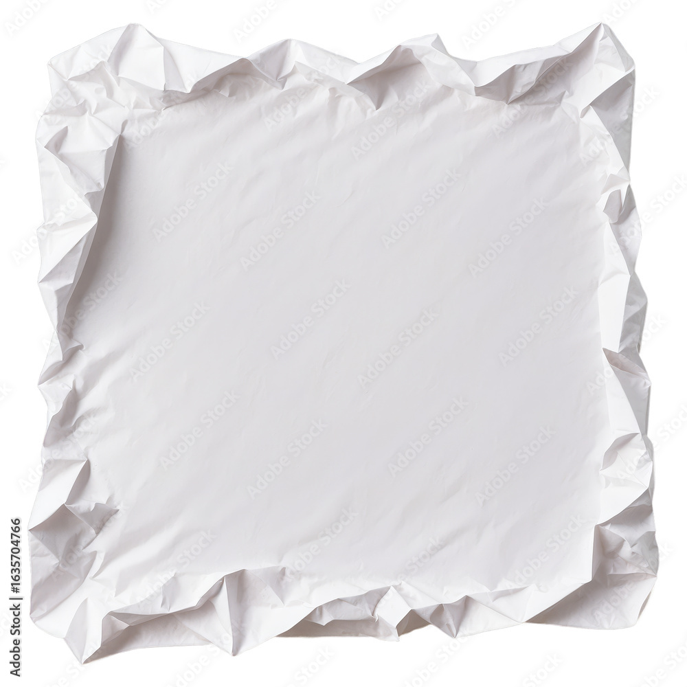 Obraz premium Crumpled White Paper Texture, Wrinkled Sheet, Rough Edges, Isolated on White Background.