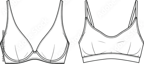 Detailed CAD drawing of women’s bra designs, flat vector illustration, garments dress, garments cloth, fashion design, lingerie patterns