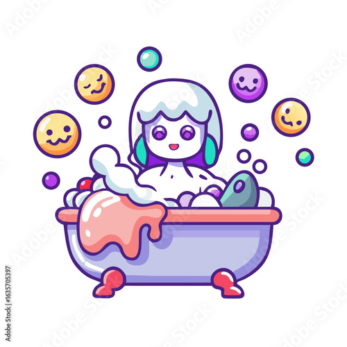 Cute cartoon girl taking a bath with bubbles isolated on white background