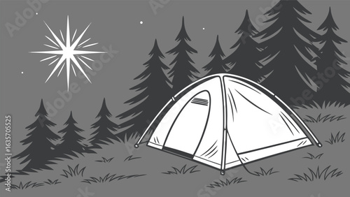 Camping tent at night with stars and trees for outdoor adventure and recreation