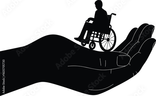 Wheelchair, silhouette, support, care, disability, hand, assistance, person, black, health, protection, inclusion