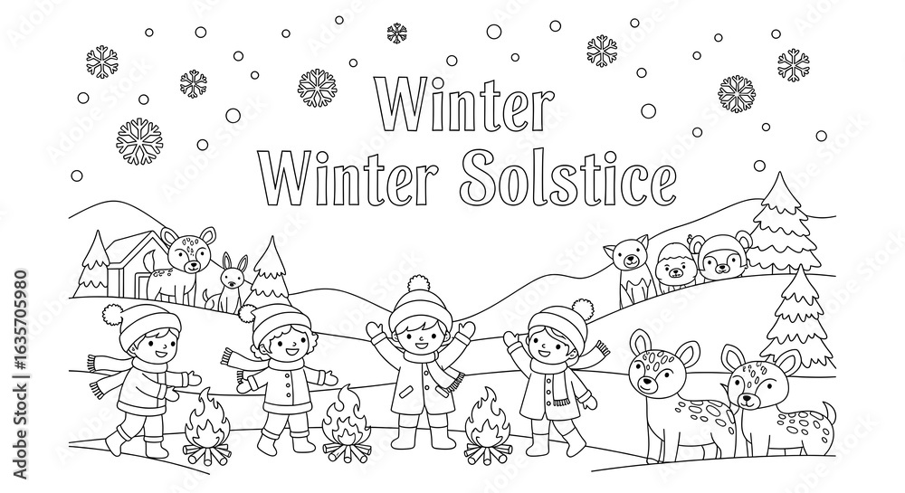 Fototapeta premium Joyful Children and Animals Celebrate Winter Solstice: Line Art Coloring Page