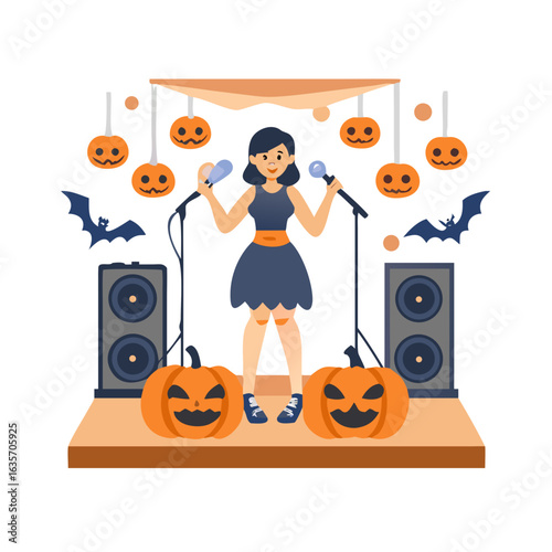 Cartoon singer performing on a halloween stage isolated on white background