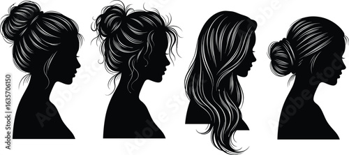 Female hairstyle silhouette set, elegant hair bun and wavy styles, fashion beauty vector, messy bun, low bun, long hair