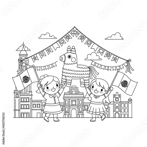Happy Mexican Children Celebrate Fiesta with Piñata and Flags: Line Art Illustration
