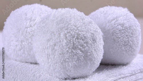 Close-up of two fluffy, white bath towels