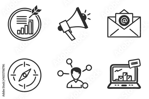 A collection of marketing and business strategy icons representing communication planning and targeting for growth and success