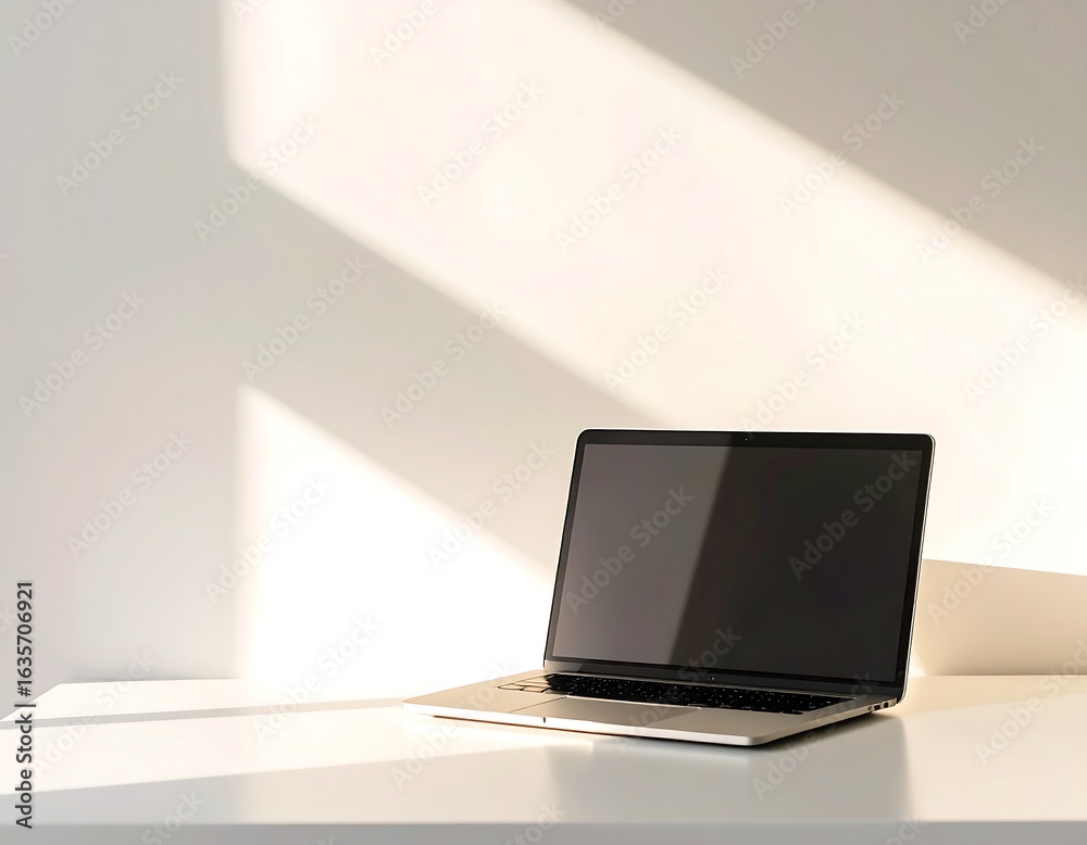 Fototapeta premium Laptop on a Bright White Table Under Sunlight in a Modern Workspace
