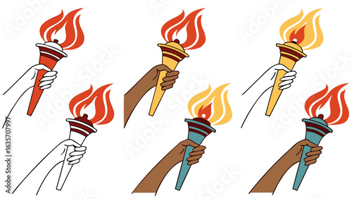 Olympic games torch relay vector illustration with diverse hands holding flame for sports event design element