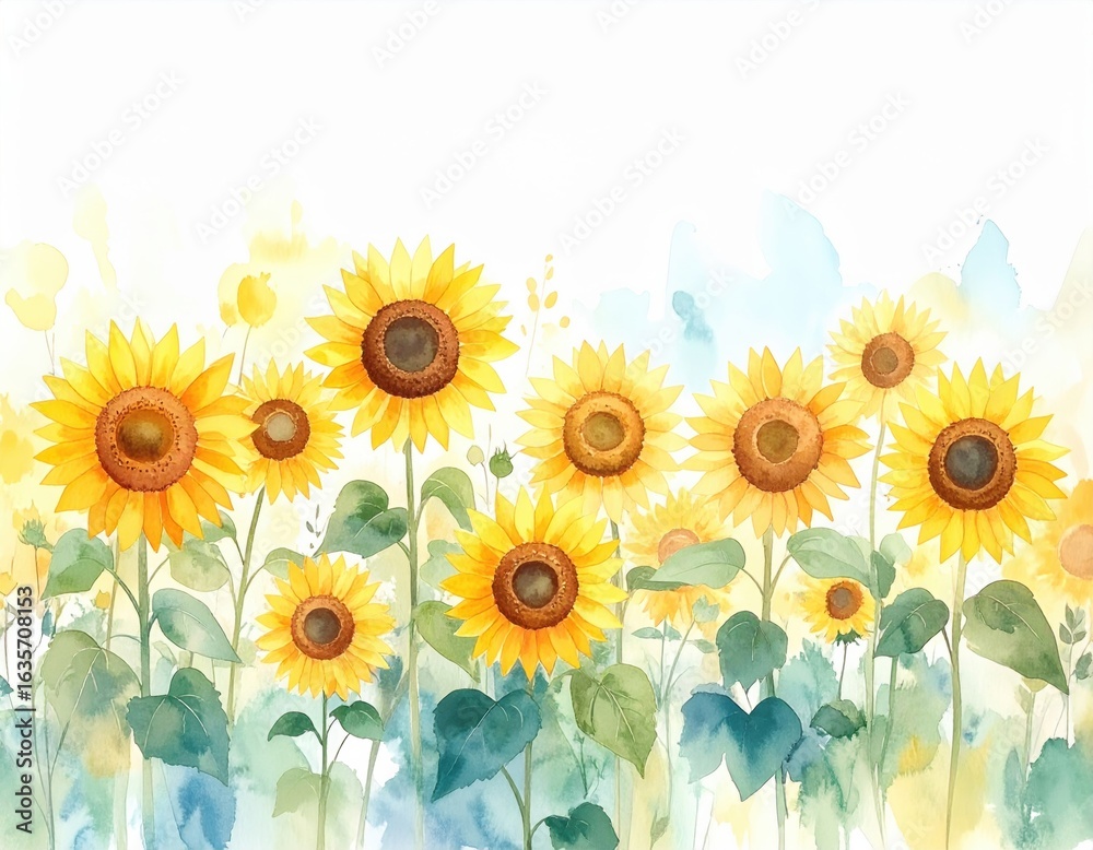 Obraz premium 夏空とひまわり畑を描いた水彩画