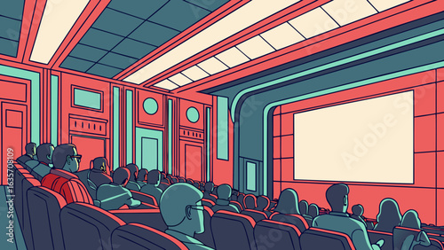 Movie theater audience watching film on screen cinema seats showing presentation entertainment venue illustration