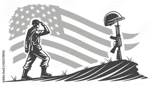 Memorial day remembrance graphic with soldier salute and american flag for veterans day and fallen heroes 100