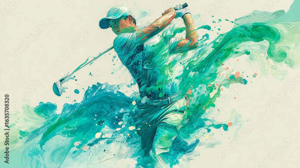 Fototapeta premium Golfer Shown Mid-Swing in Sporty Attire Captured With Watercolor Overlays and Real Photo Quality in Motion-Driven Artistic Blend