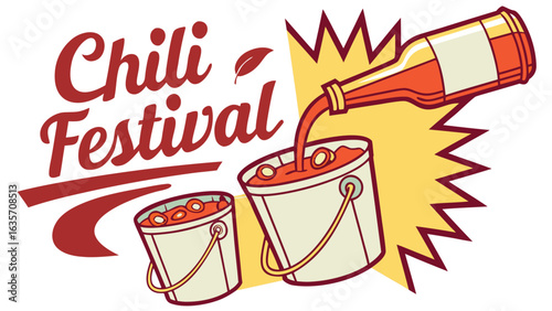 Illustration of chili festival text with buckets of chili and a bottle pouring chili on a yellow background