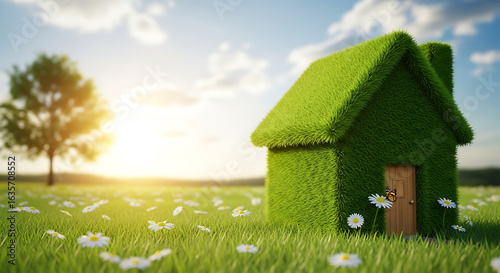 Wallpaper Mural Green grass house in field with daisies and butterfly at sunset Torontodigital.ca