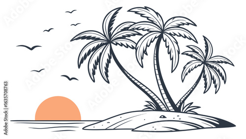 Tropical island palm trees sunset beach vacation drawing summer paradise travel destination illustration vector