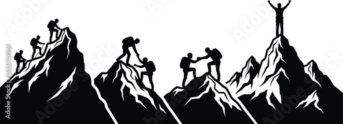 Mountain climbers silhouette, teamwork and success, peak ascent vector, helping hands, victory pose, outdoor adventure, goal achievement, leadership concept, hiking illustration