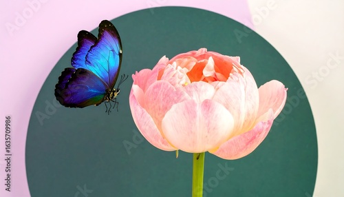 Delicate pink flower, blue butterfly