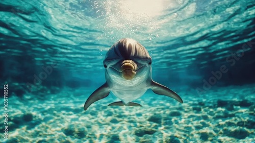 Positive Thinking Cute Cartoon Style Concept. Playful Dolphin Swimming Gracefully in Clear Ocean Water Under Bright Sunlight