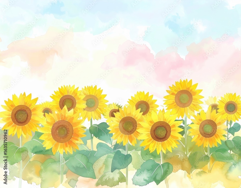 Obraz premium 夏空とひまわり畑を描いた水彩画