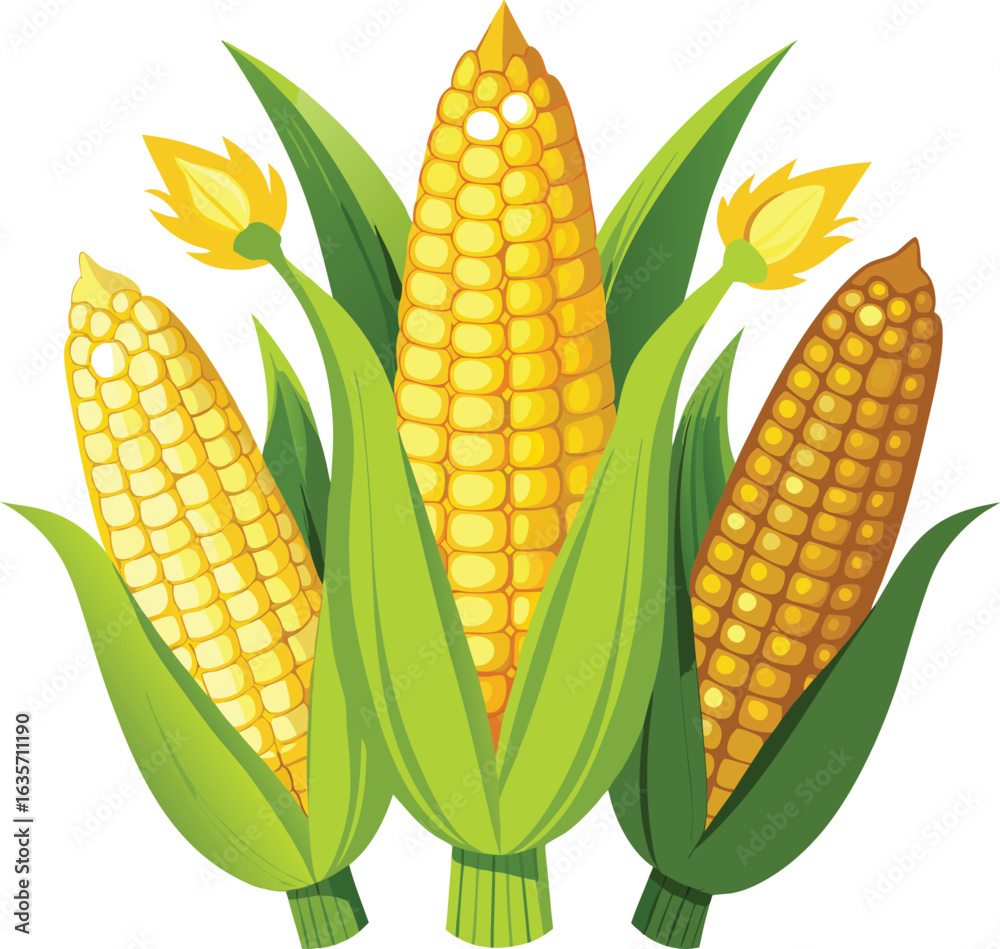 Obraz premium Three ripe ears of yellow corn with green husks and tassels