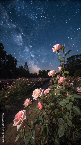 Pink roses bloom under a starry night sky with the milky way visible