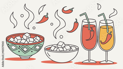 Illustration of two bowls with ice cubes, two glasses with drinks and chili peppers on a white background