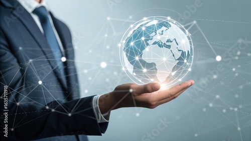 detailed professional high quality A businessman holding a glowing global network