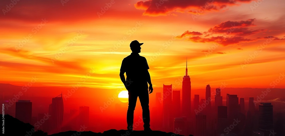 Fototapeta premium Silhouette against vibrant sunset cityscape, ambitious vision, high, goal