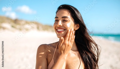 Woman applying sunscreen on beach (1)