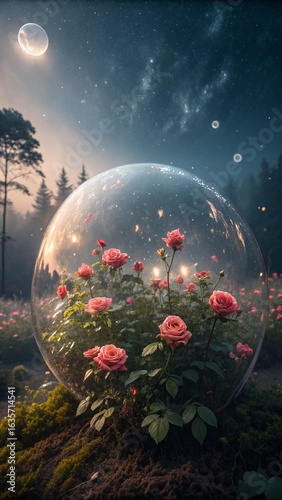 Enchanted garden under a magical night sky inside a crystal sphere