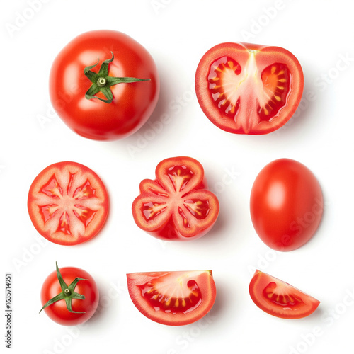 A comprehensive and versatile collection of fresh, vibrant red tomatoes, presented in every form a glossy whole tomato, a juicy half, a crisp slice, an irregular piece, a quarter, a section