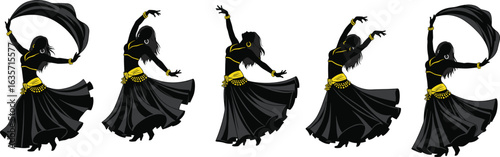 Vector illustration of belly dancer silhouettes in traditional costume, Arabic dance movement poses, performing in flowing skirt with veil, jewelry, and expressive hand gestures
