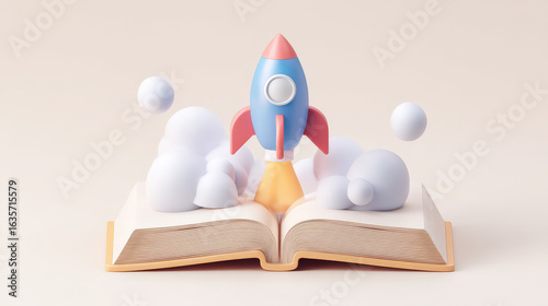 Colorful rocket launching from open book symbolizes excitement of startup incubation