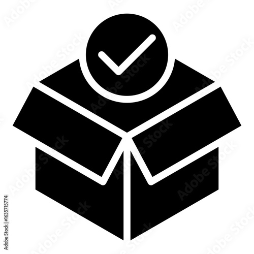 Verified Product Glyph Black Silhouette Icon Design Vector - box with checkmark, indicating verified package, certified delivery, or approved product
