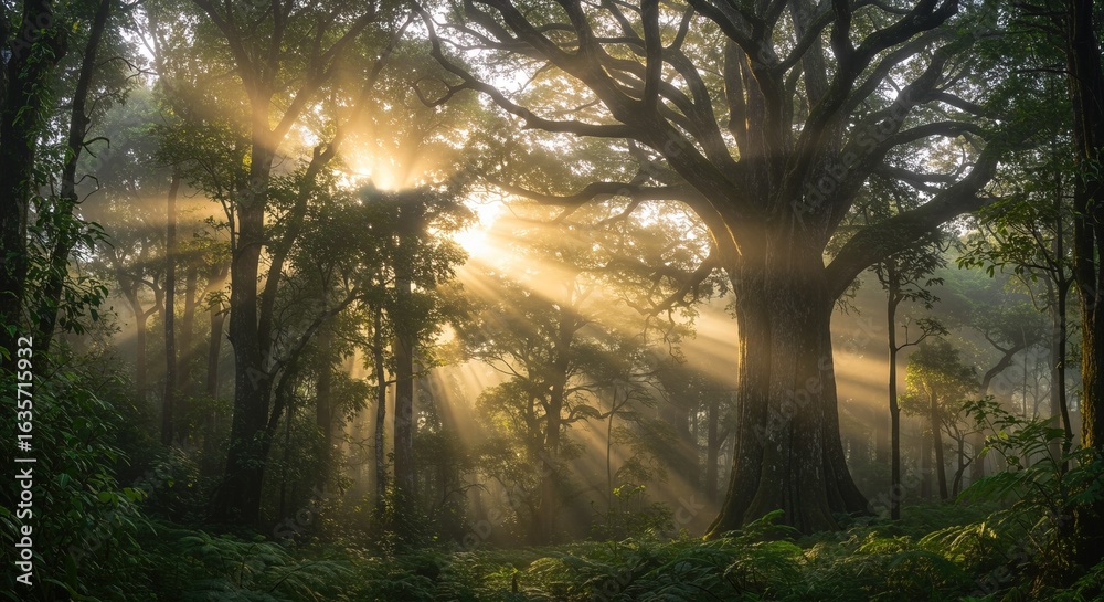 Obraz premium Sunlight beams through lush forest canopy creating magical, ethereal, and serene atmosphere