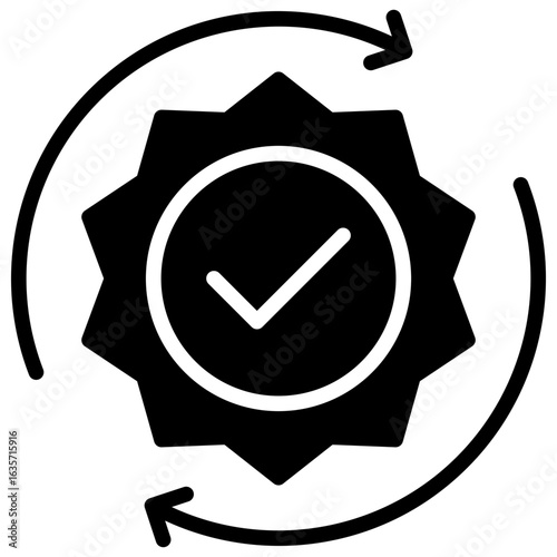 Quality Cycle Glyph Black Silhouette Icon Design Vector - Badge with checkmark and circular arrows illustrating quality assurance or continuous improvement process