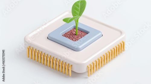 Small Green Plant Grows from Computer Chip Symbolizing Startup Incubation, Innovation, and Growth in Technology