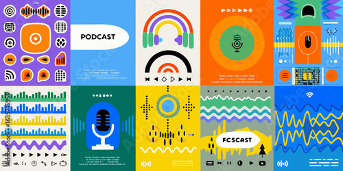 Abstract podcast artwork with sound waves and audio icons